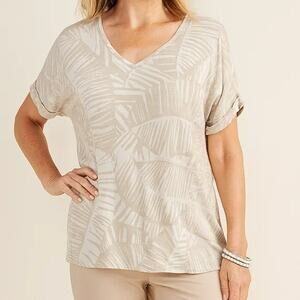 Chico's Palm Leaf Print Linen Top Size XL / 3 Tan Cream V-Neck Short Sleeves